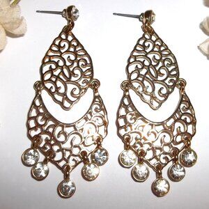 Gold Statement Earring Chandelier Chandalier Faux White Rhinestone Diamond C814